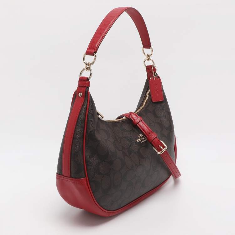 مملوكة مسبقًا Coach Harley Brown/Red Signature Coated Canvas and Leather Hobo