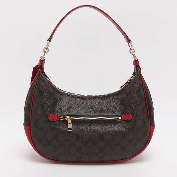 مملوكة مسبقًا Coach Harley Brown/Red Signature Coated Canvas and Leather Hobo