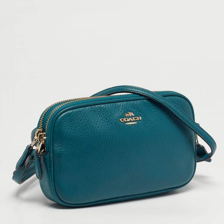 Pre Owned Coach Double Zip Teal Green Leather Camera Crossbody Bag