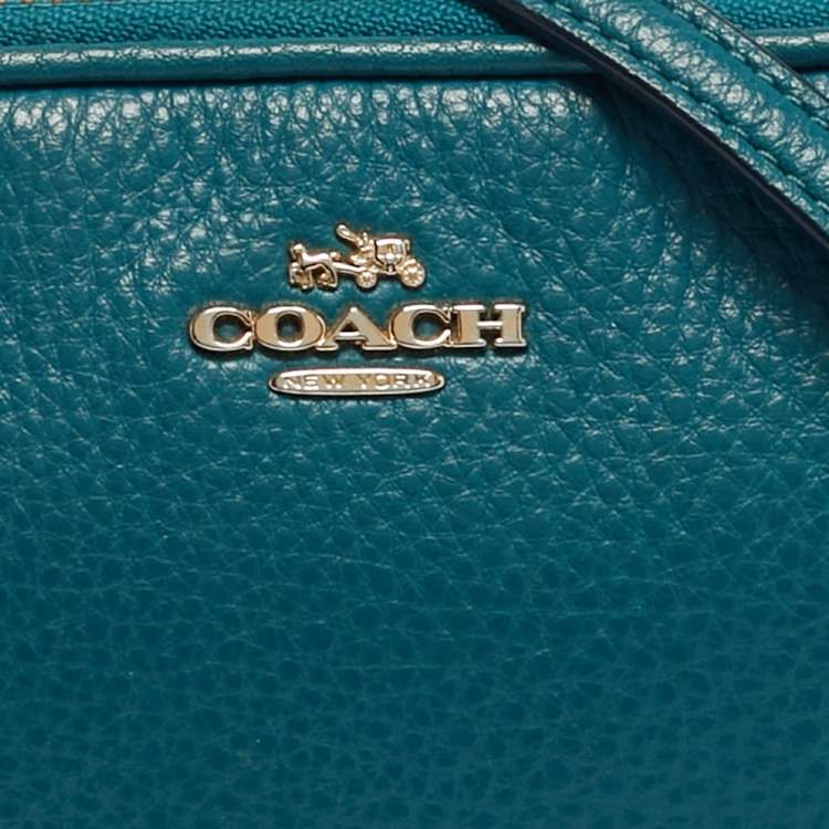 Pre Owned Coach Double Zip Teal Green Leather Camera Crossbody Bag