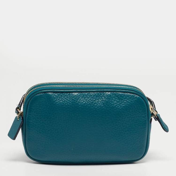 Pre Owned Coach Double Zip Teal Green Leather Camera Crossbody Bag