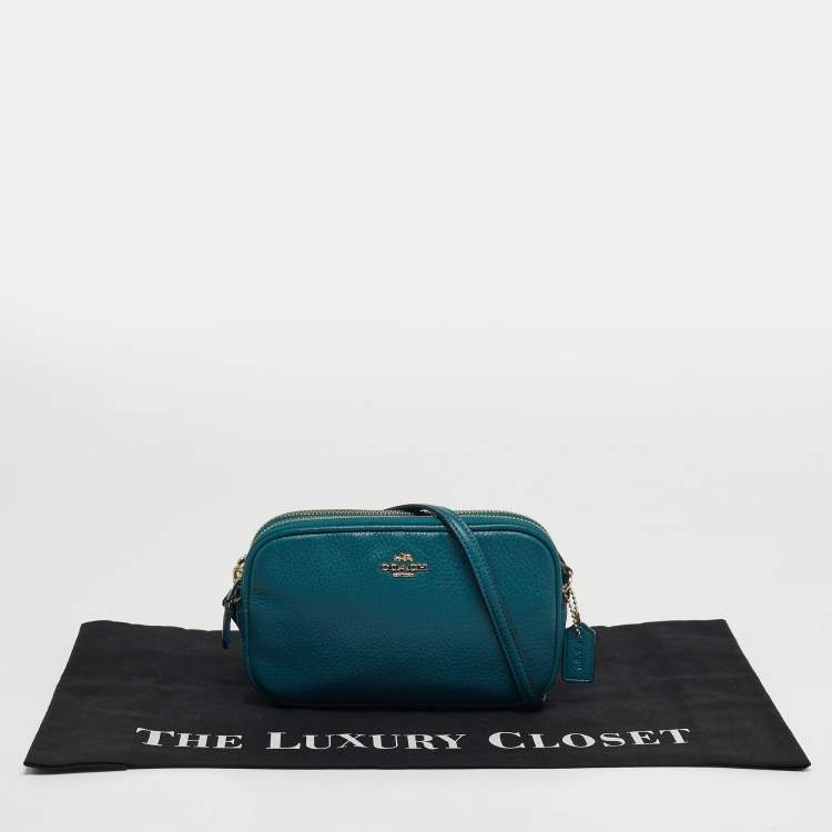 Pre Owned Coach Double Zip Teal Green Leather Camera Crossbody Bag
