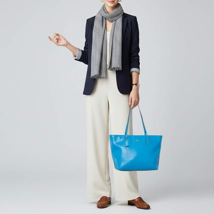 Pre Owned Coach City Blue Leather Zip Shopper Tote