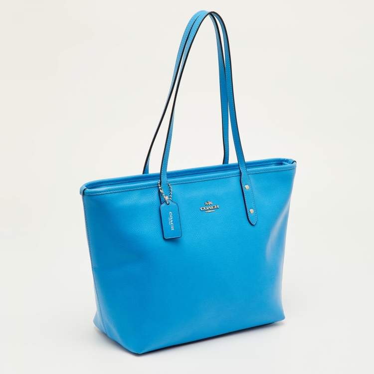 Pre Owned Coach City Blue Leather Zip Shopper Tote