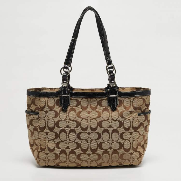 Pre Owned Coach Beige/Brown Signature Canvas and Leather Gallery Tote