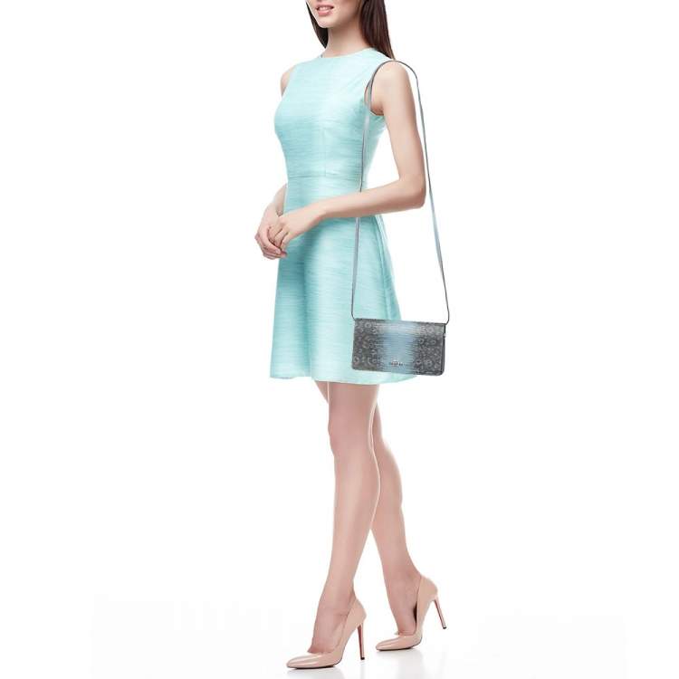 Pre Owned Coach Hayden Blue/Black Lizard Embossed Leather Wallet On Strap