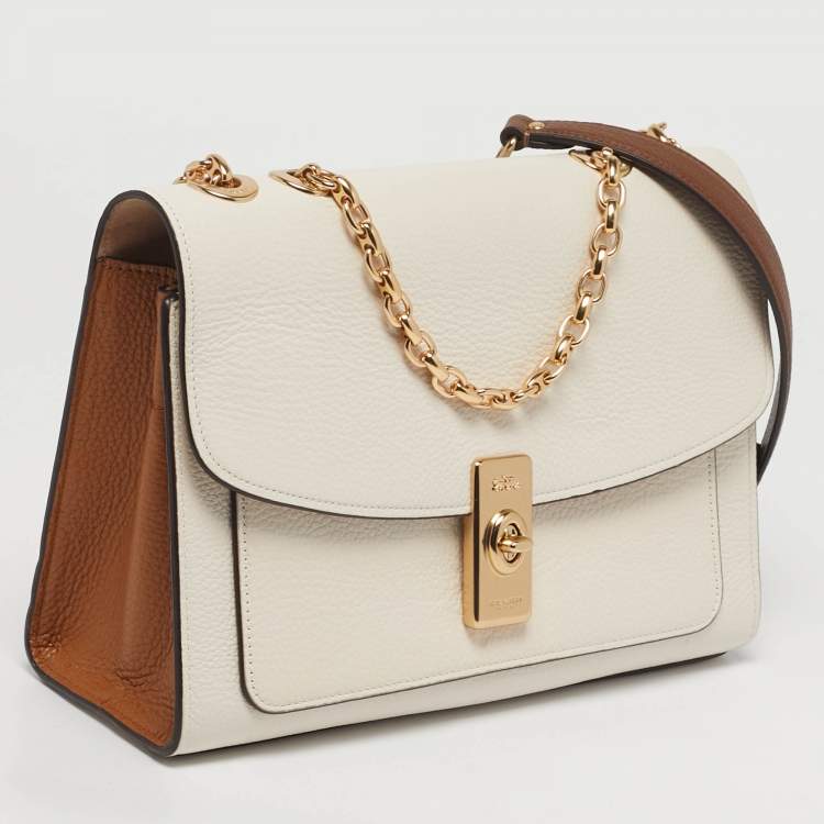 Pre Owned Coach Lane White/Brown Leather Chain Flap Shoulder Bag