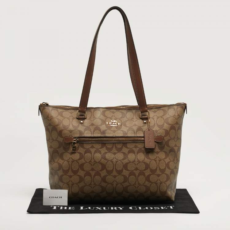 Pre Owned Coach Gallery Beige/Brown Signature Coated Canvas and Leather Tote