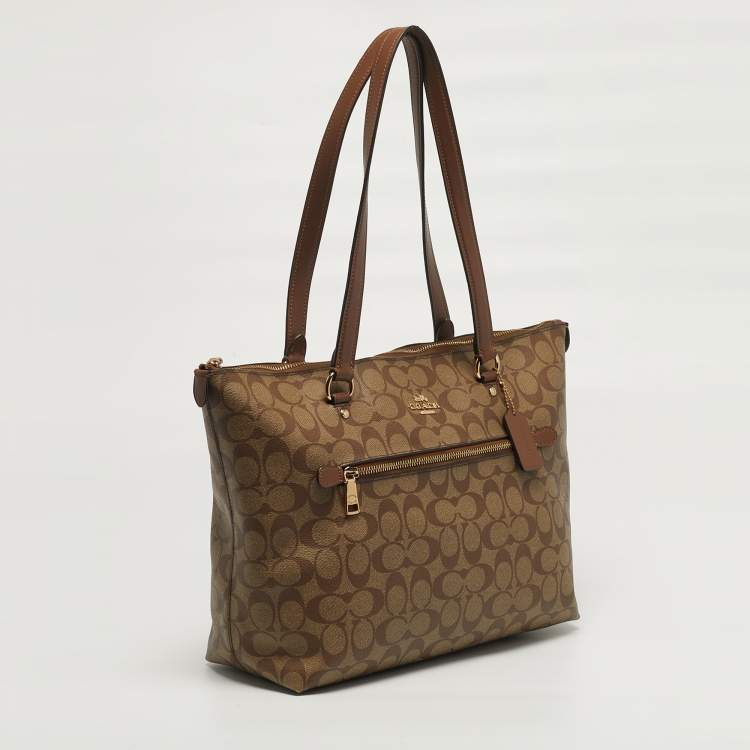 Pre Owned Coach Gallery Beige/Brown Signature Coated Canvas and Leather Tote