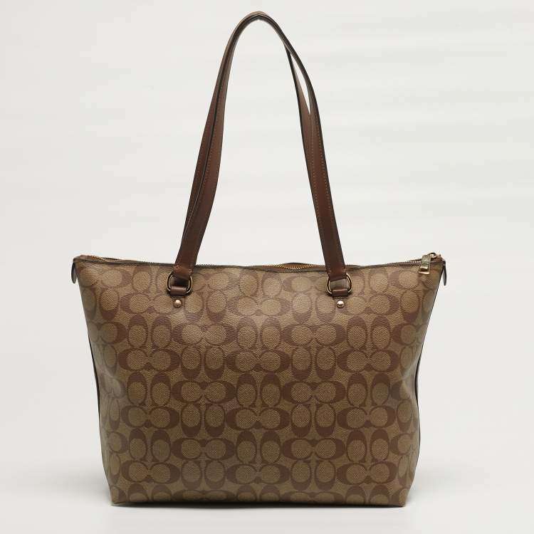 Pre Owned Coach Gallery Beige/Brown Signature Coated Canvas and Leather Tote