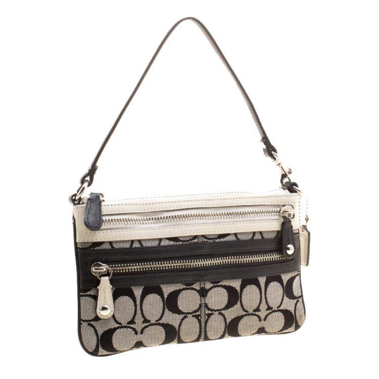 Pre Owned Coach Beige/Black Canvas and Leather Clutch