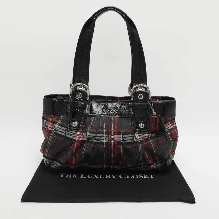 Pre Owned Coach Poppy Multicolor/Black Signature Canvas and Patent Leather Tote