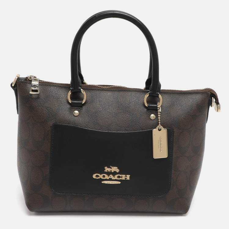 Pre Owned Coach Emma Mini Brown/Black Signature Coated Canvas and Leather Satchel