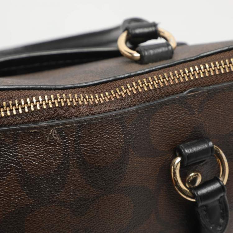 Pre Owned Coach Emma Mini Brown/Black Signature Coated Canvas and Leather Satchel