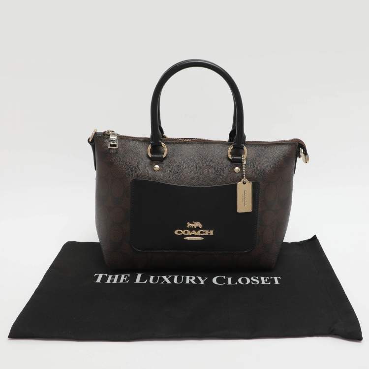 Pre Owned Coach Emma Mini Brown/Black Signature Coated Canvas and Leather Satchel