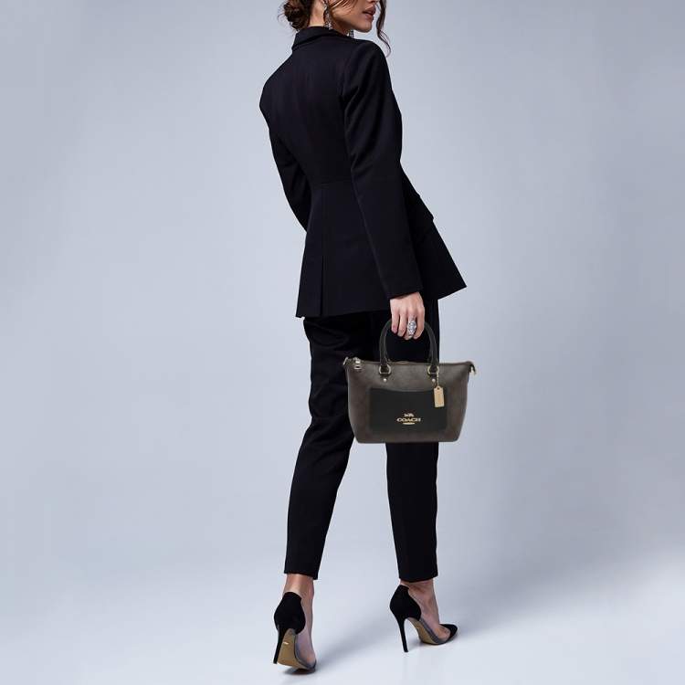 Pre Owned Coach Emma Mini Brown/Black Signature Coated Canvas and Leather Satchel