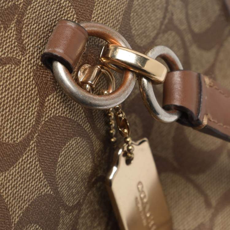 Pre Owned Coach Etta Carryall Beige/Brown Signature Coated Canvas and Leather Satchel