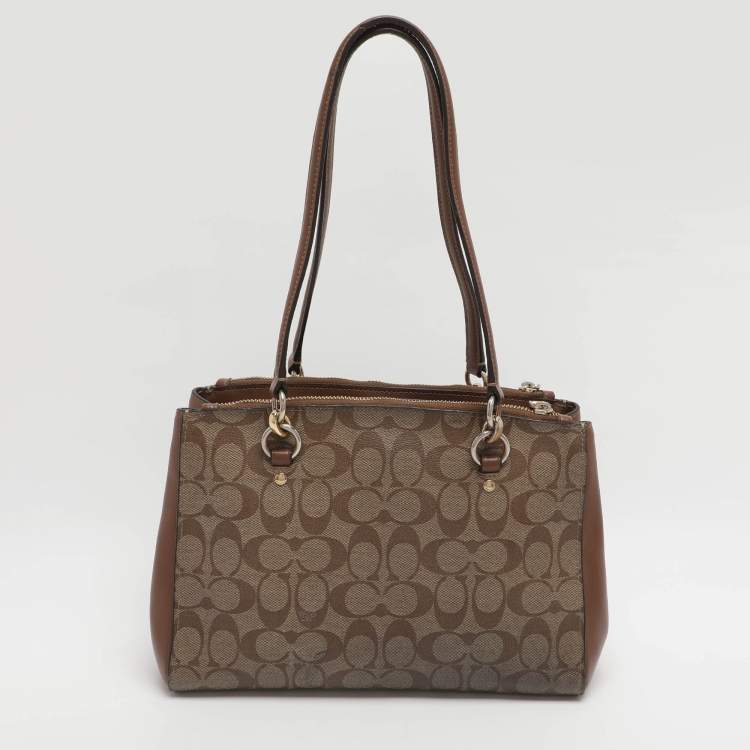 Pre Owned Coach Etta Carryall Beige/Brown Signature Coated Canvas and Leather Satchel