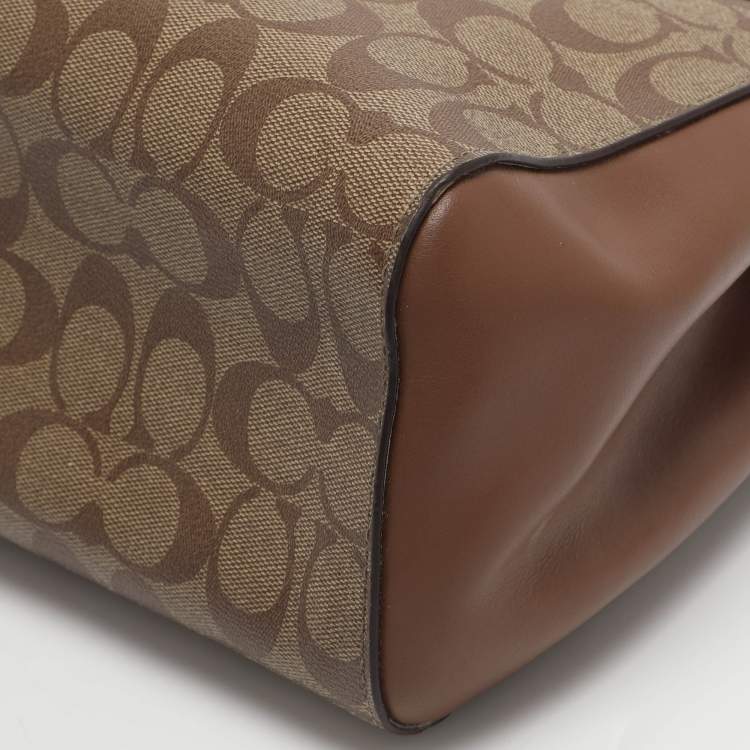 Pre Owned Coach Etta Carryall Beige/Brown Signature Coated Canvas and Leather Satchel