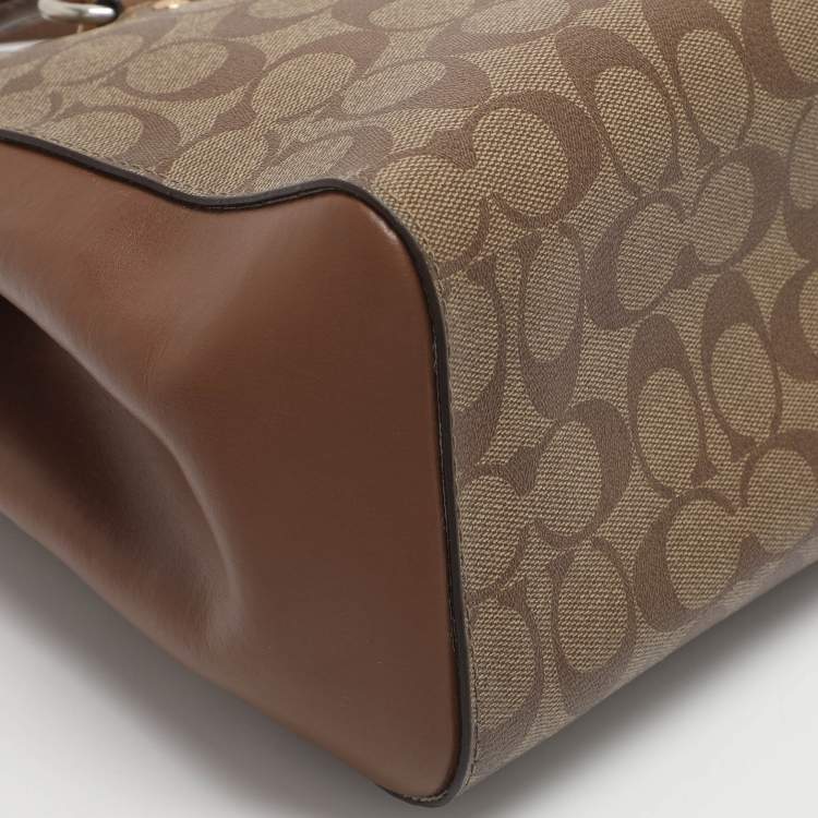 Pre Owned Coach Etta Carryall Beige/Brown Signature Coated Canvas and Leather Satchel