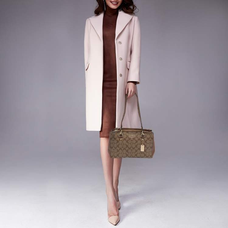 Pre Owned Coach Etta Carryall Beige/Brown Signature Coated Canvas and Leather Satchel