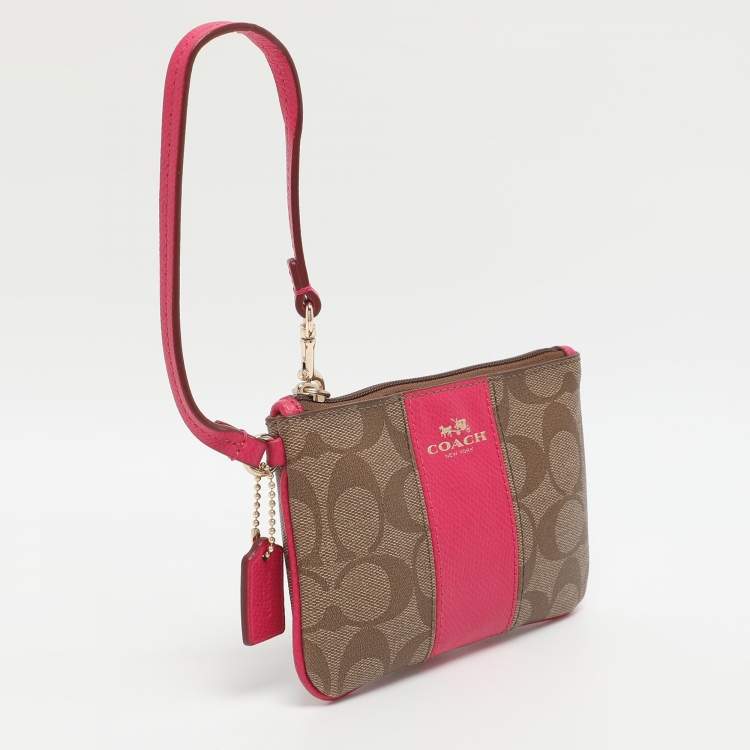 Pre Owned Coach Pink/Beige Coated Canvas and Leather Wristlet
