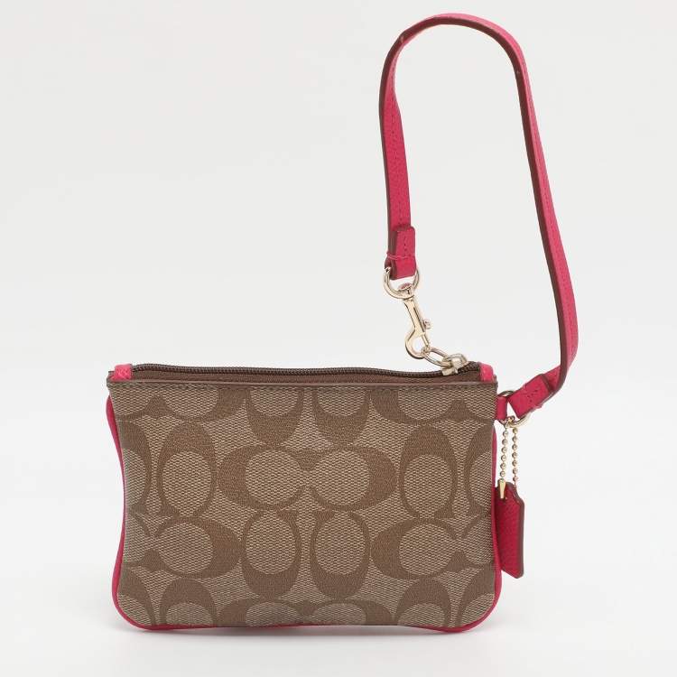 Pre Owned Coach Pink/Beige Coated Canvas and Leather Wristlet