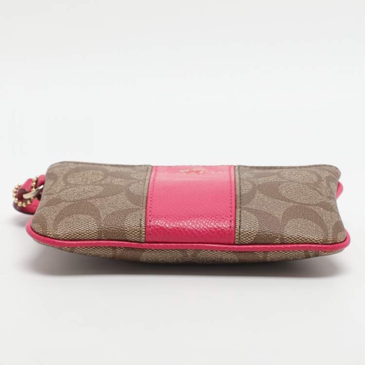 Pre Owned Coach Pink/Beige Coated Canvas and Leather Wristlet