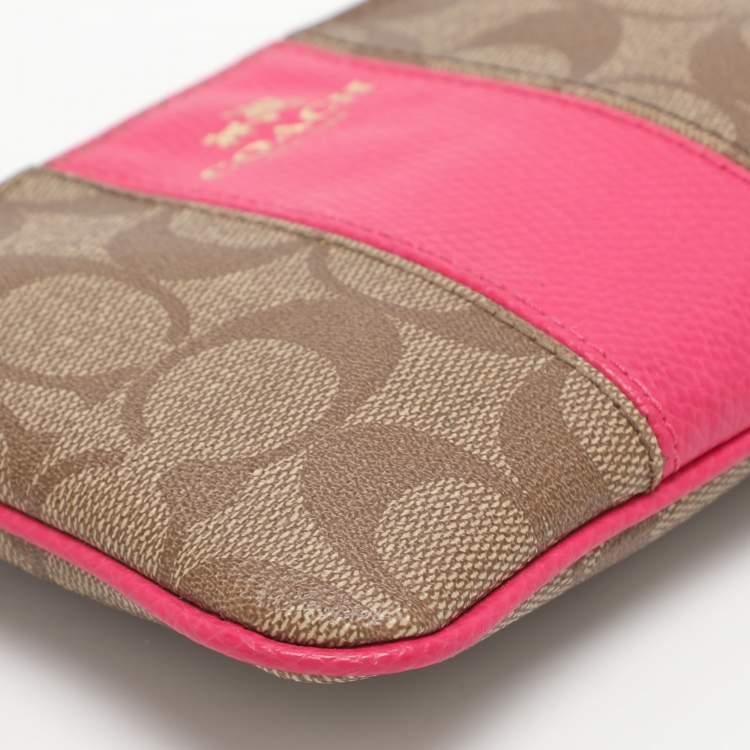 Pre Owned Coach Pink/Beige Coated Canvas and Leather Wristlet