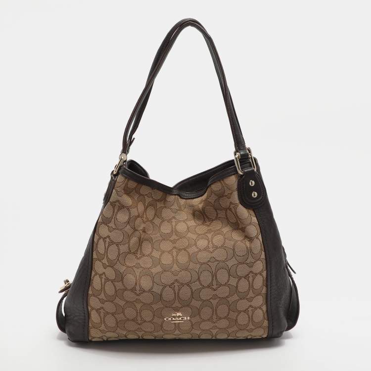 Pre Owned Coach Edie 31 Beige/Brown Signature Canvas and Leather Shoulder Bag