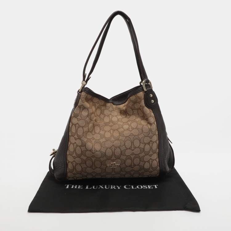 Pre Owned Coach Edie 31 Beige/Brown Signature Canvas and Leather Shoulder Bag