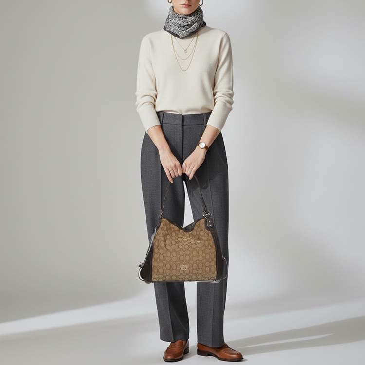 Pre Owned Coach Edie 31 Beige/Brown Signature Canvas and Leather Shoulder Bag