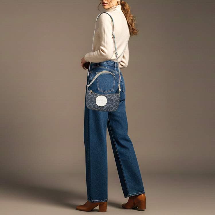 Pre Owned Coach Dempsey Blue/Off White Denim Logo Jacquard Patch Shoulder Bag