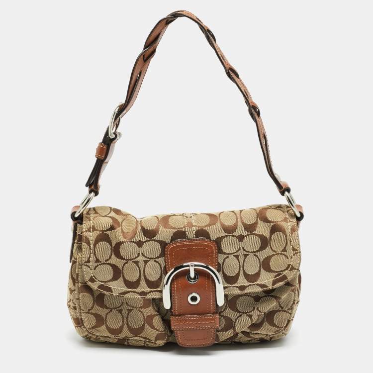 Pre Owned Coach Soho Beige/Brown Signature Jacquard Canvas Flap Shoulder Bag