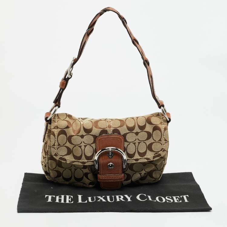 Pre Owned Coach Soho Beige/Brown Signature Jacquard Canvas Flap Shoulder Bag