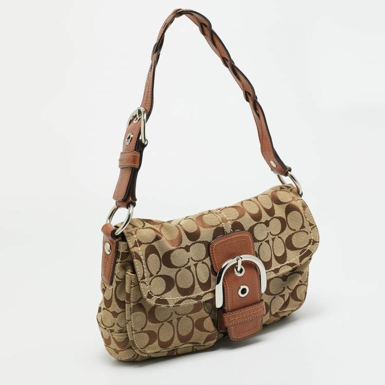 Pre Owned Coach Soho Beige/Brown Signature Jacquard Canvas Flap Shoulder Bag