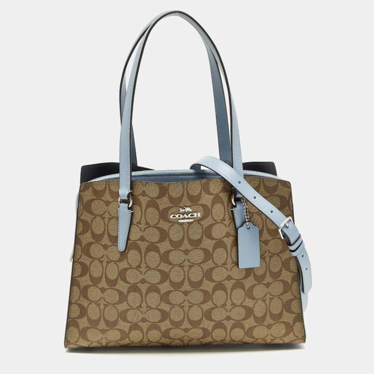 Pre Owned Coach Tatum Caryall Light Blue/Beige Signature Coated Canvas and Leather Tote