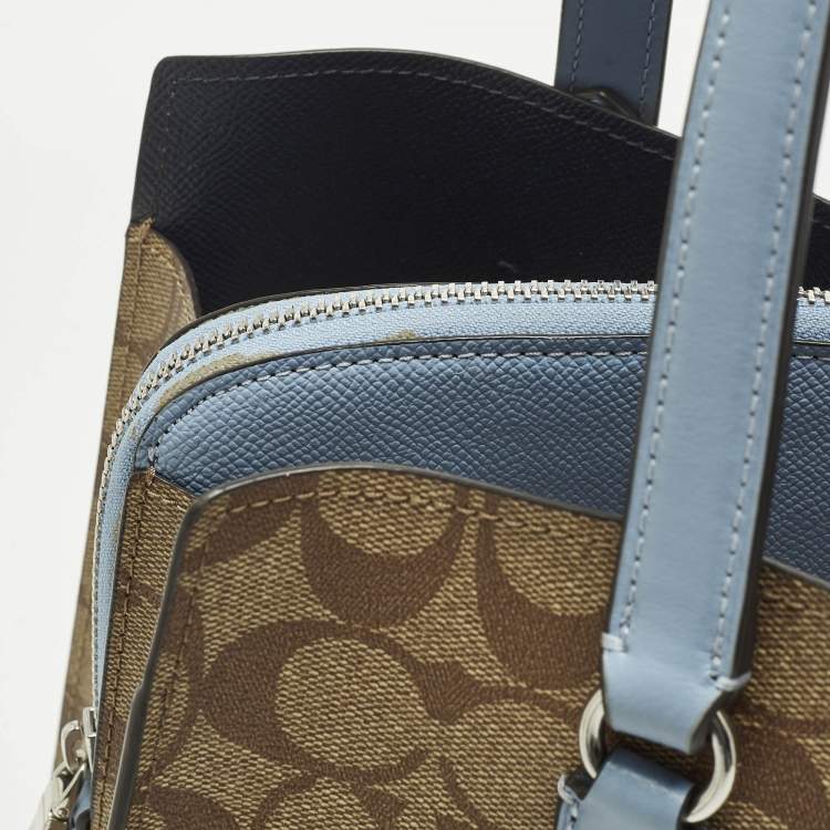 Pre Owned Coach Tatum Caryall Light Blue/Beige Signature Coated Canvas and Leather Tote