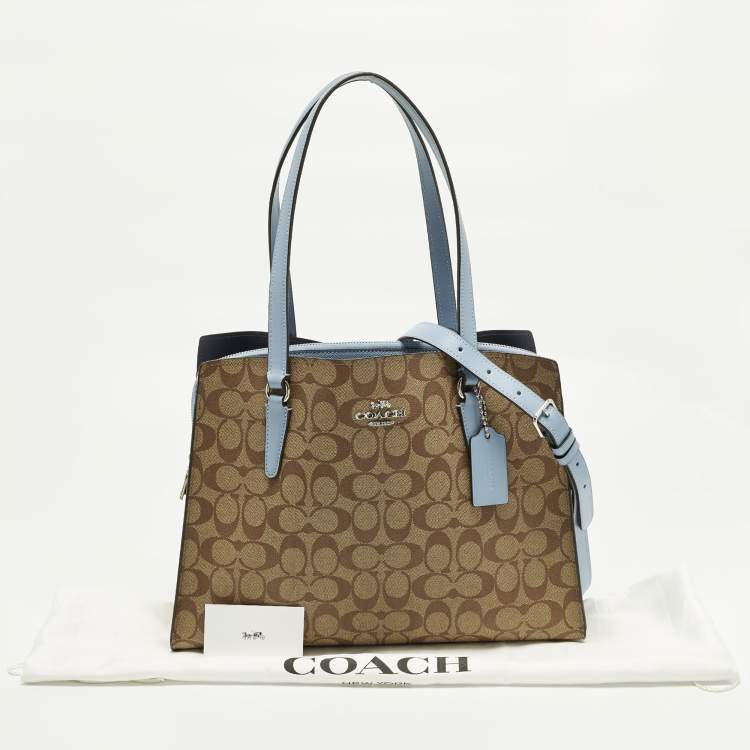 Pre Owned Coach Tatum Caryall Light Blue/Beige Signature Coated Canvas and Leather Tote