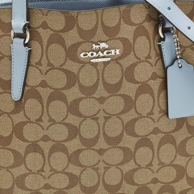 Pre Owned Coach Tatum Caryall Light Blue/Beige Signature Coated Canvas and Leather Tote