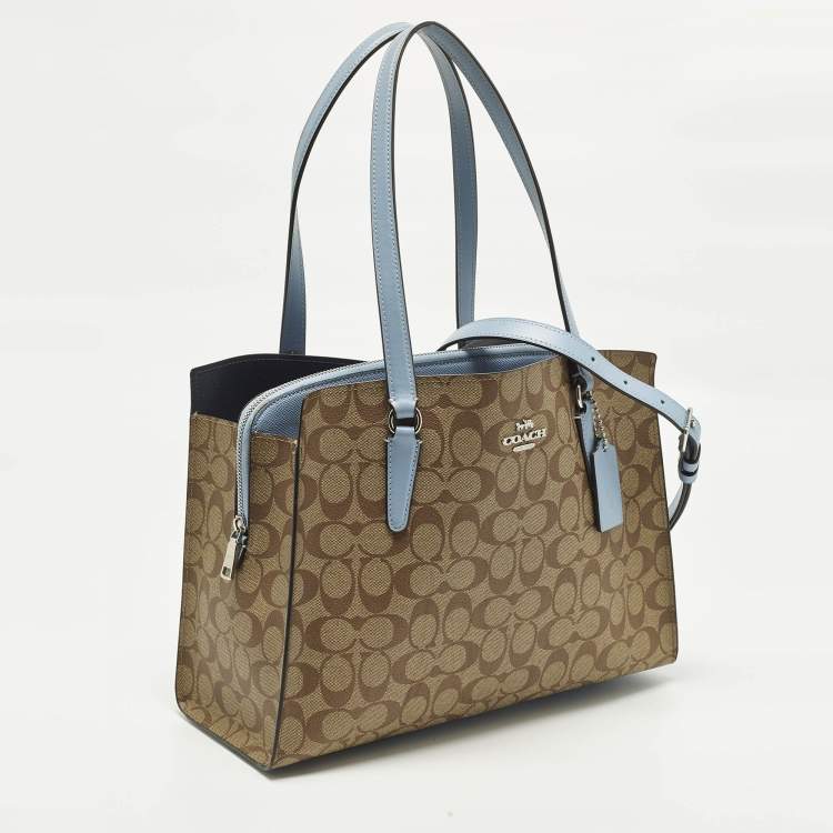 Pre Owned Coach Tatum Caryall Light Blue/Beige Signature Coated Canvas and Leather Tote