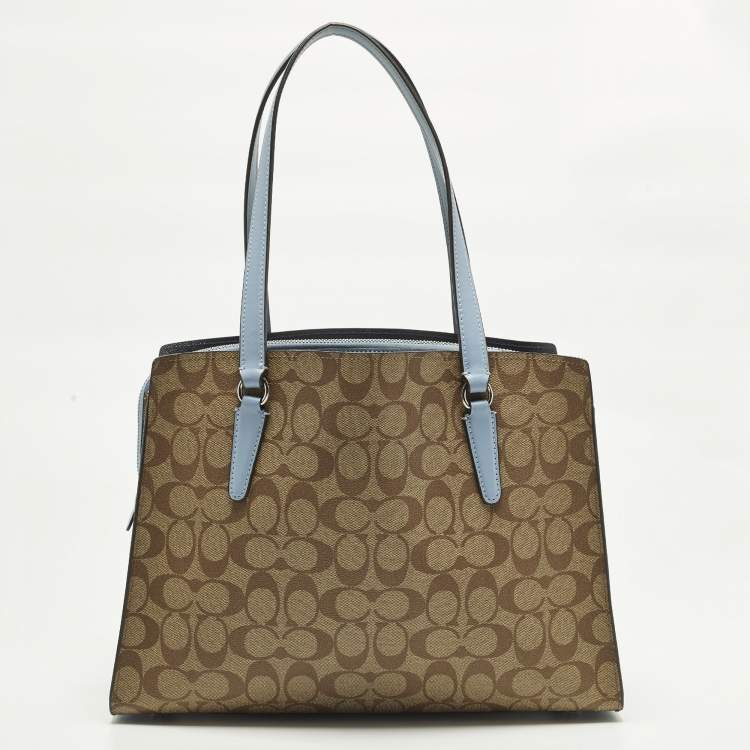 Pre Owned Coach Tatum Caryall Light Blue/Beige Signature Coated Canvas and Leather Tote