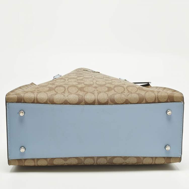 Pre Owned Coach Tatum Caryall Light Blue/Beige Signature Coated Canvas and Leather Tote