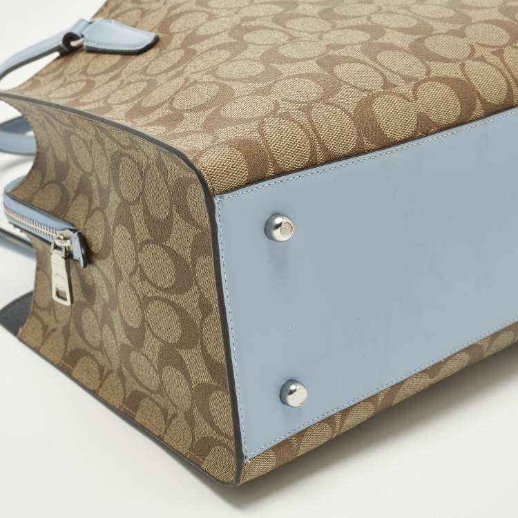 Pre Owned Coach Tatum Caryall Light Blue/Beige Signature Coated Canvas and Leather Tote