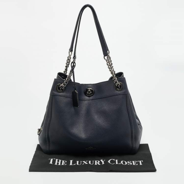 Pre Owned Coach Turnlock Edie Navy Blue Leather Shoulder Bag