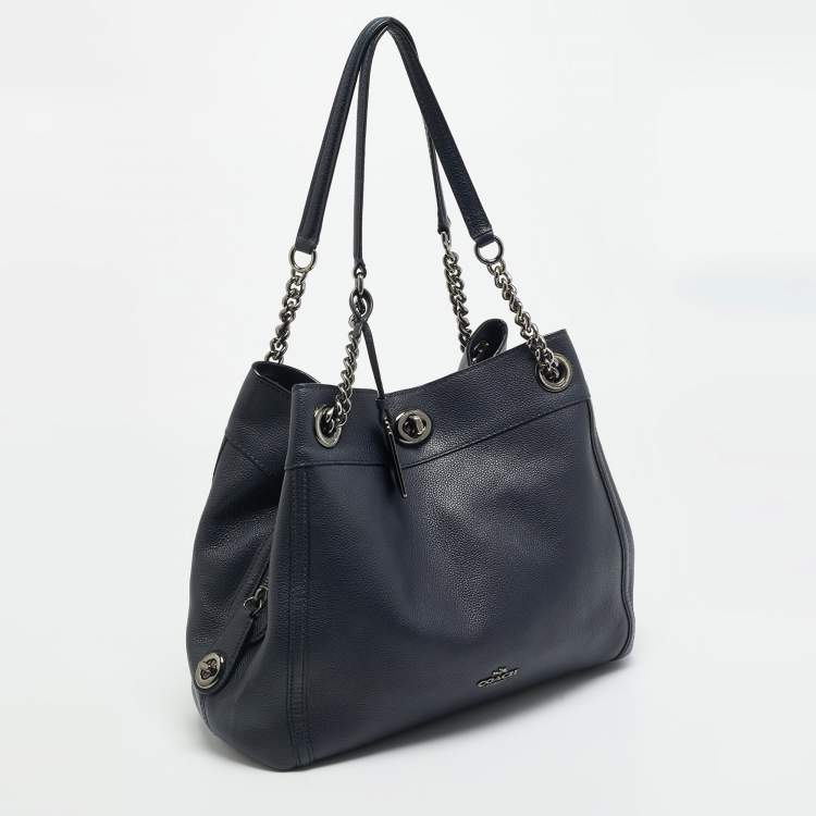 Pre Owned Coach Turnlock Edie Navy Blue Leather Shoulder Bag