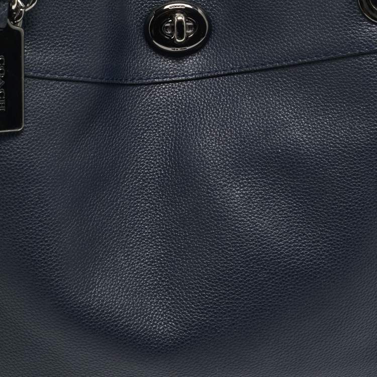 Pre Owned Coach Turnlock Edie Navy Blue Leather Shoulder Bag