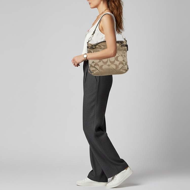 Pre Owned Coach Brooke Beige/Brown Signature Satin and Leather Hobo