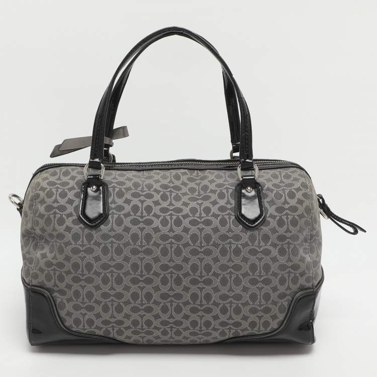 Pre Owned Coach Poppy Grey/Black Canvas and Patent Leather East West Satchel