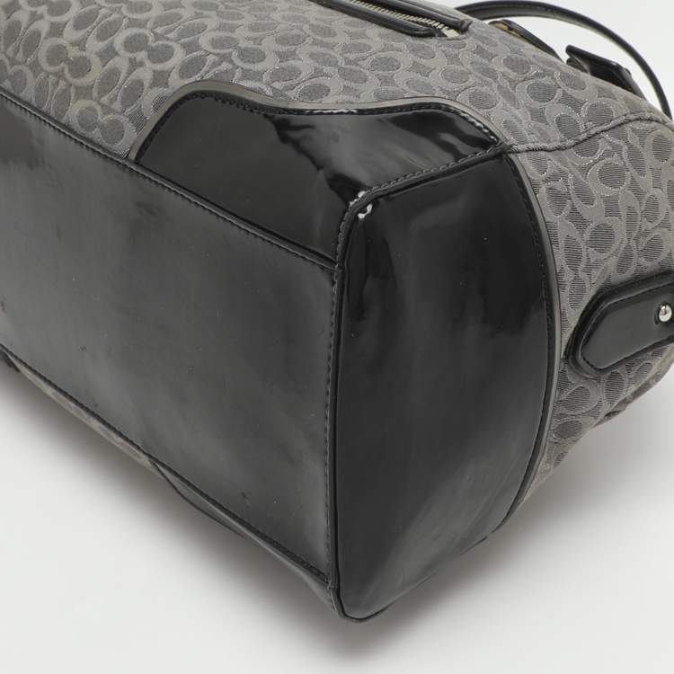 Pre Owned Coach Poppy Grey/Black Canvas and Patent Leather East West Satchel